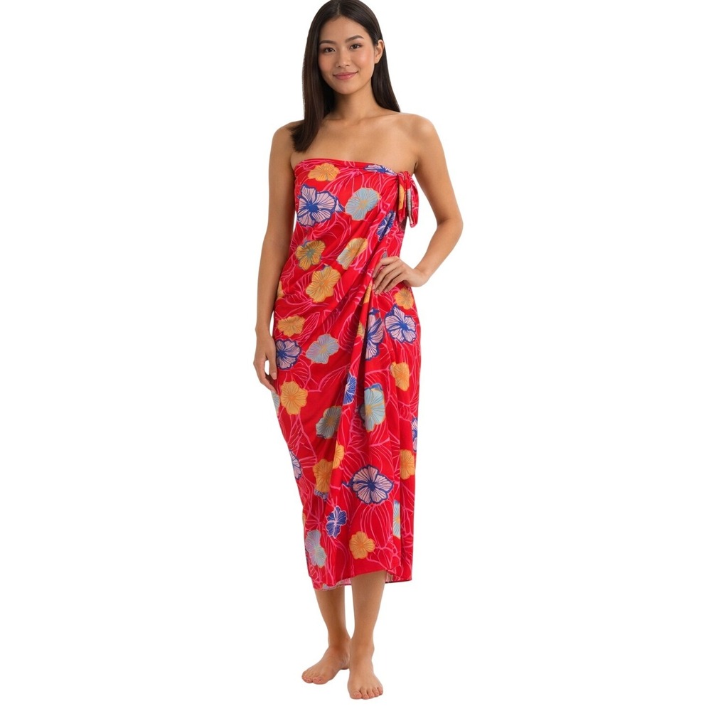 Taravana Floral Sarong Wrap Red Tropical Beach Cover-Up NWT